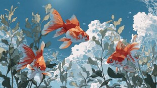 水中金鱼嬉戏绿植间