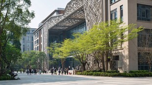 校园建筑前的热闹景象