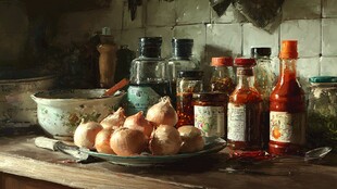 厨房台面上的调料与洋葱