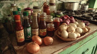 厨房台面上的调料与蔬菜