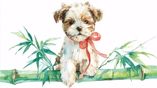 萌犬系于竹枝红绸相伴