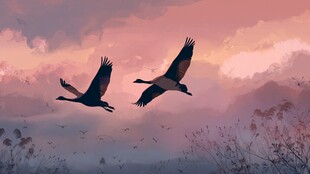 双鹤于霞光中展翅翱翔