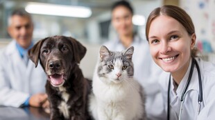 兽医与猫狗及同事的合影