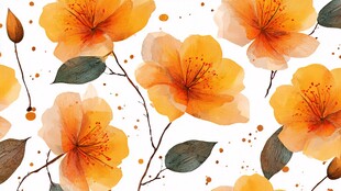 橙色花卉水彩无缝图案