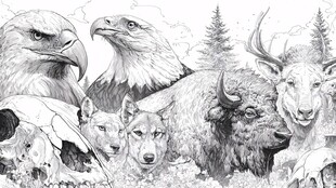 野生动物群像黑白插画