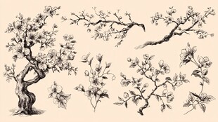 手绘花卉树木枝干图案集