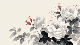水墨白玫瑰与红果景致