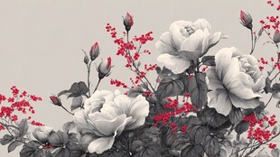 黑白玫瑰配红果花卉图