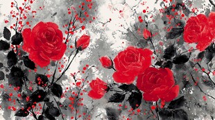 水墨红玫瑰花卉图案