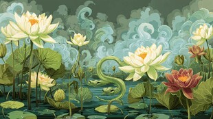 荷塘中优雅游动的绿蛇