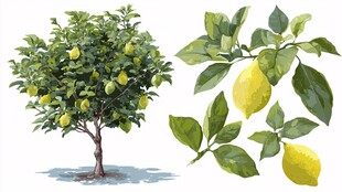 柠檬树与柠檬枝叶插画