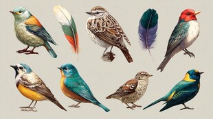 多彩鸟类与羽毛精美集合