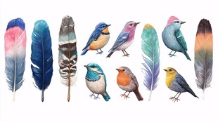 水彩绘小鸟与多彩羽毛