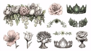 花卉皇冠插画素材集合