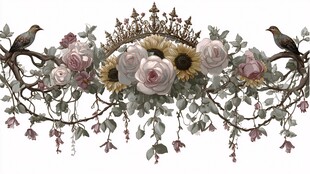 花卉皇冠装饰 双鸟栖枝图