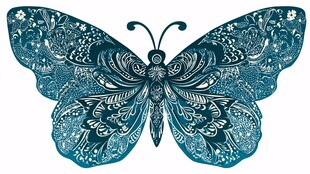 蓝调花纹蝴蝶插画设计