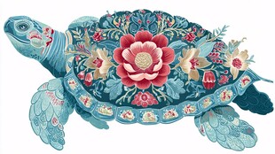 刺绣风花卉装饰的乌龟图案