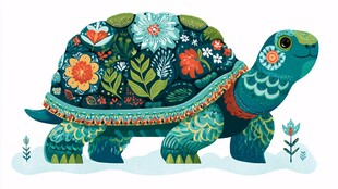 彩绘花卉乌龟插画