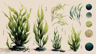水彩风海藻植物插画展示