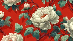 红底白牡丹花卉图案