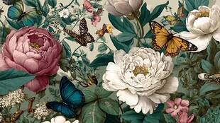 复古花卉与蝴蝶壁纸图案