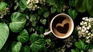 绿植环绕中的爱心咖啡