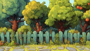 卡通风格的田园树木景观