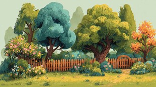 梦幻花园中的繁茂树木