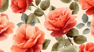 水彩风橘色玫瑰花卉图案