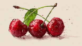 新鲜欲滴的三颗红樱桃