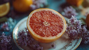 切开的西柚与紫色花卉