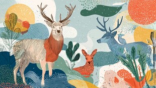 森林中的鹿群奇幻插画