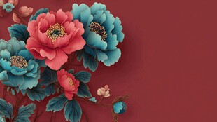 国色牡丹 红底花卉插画