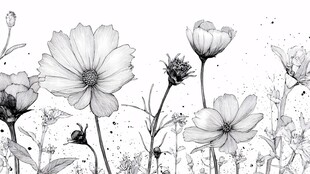 黑白花卉手绘插画