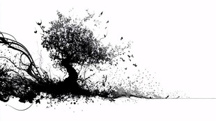 水墨风格抽象树与飞鸟图