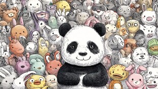 熊猫置身多彩萌趣动物群中