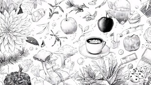 手绘冬日饮品与果蔬场景