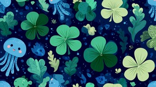 海底三叶草与萌趣生物图案