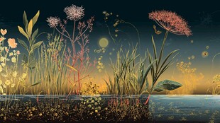 月夜下的水边花草景观