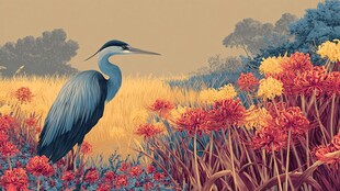 鹭立花海间的自然景致