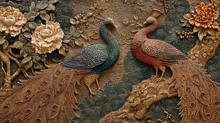 双凤牡丹木雕艺术图景