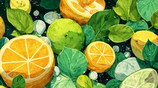 清新柑橘绿叶插画场景