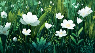 春日白花绽放的绿野风光