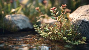 溪边绿植与顽石的自然景致