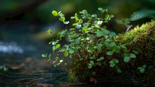 溪边嫩绿小植物与苔藓