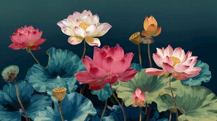 盛开的多彩荷花与荷叶