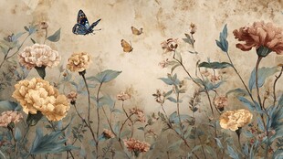复古花卉间的蝴蝶飞舞