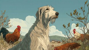 田园中狗与鸡的和谐画面