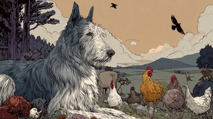 田园犬与鸡的和谐乡村图景