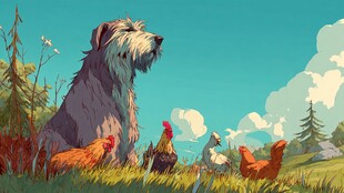 田园中坐立的狗与鸡群